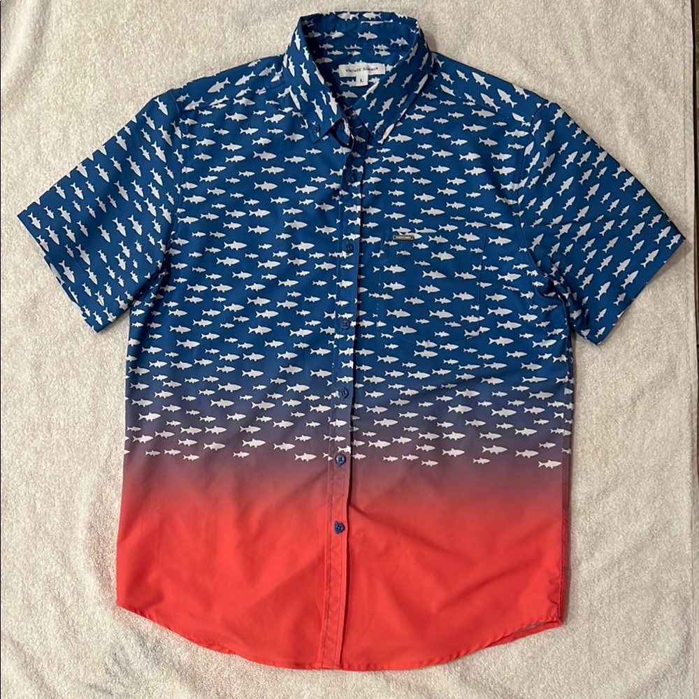 Vintage Summer Blue and Red Shark Print Men's Shirt - L